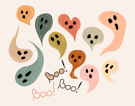Halloween ghosts boho set in different shapes, colors and sizes with lettering Boo All elements are isolated Muted colors flat doodle style vector illustrationのイラスト素材