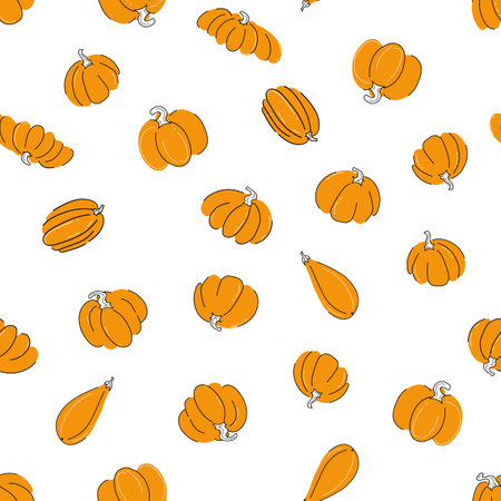 Pumpkins seamless pattern on white background vector illustration. Hand drawn vegetables in different shapes and sizes with black and white outline. Flat doodle styleのイラスト素材