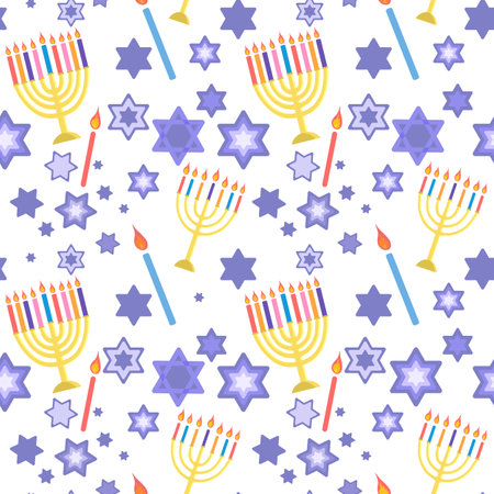 Happy Hanukkah seamless pattern. Golden menorah and blue David stars and candles on white background. Vector illustration in flat cartoon styleのイラスト素材