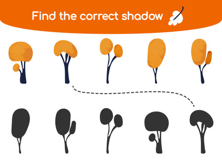 Find the correct shadow. Kids educational game Cute simple autumn trees with watercolor texture Vector illustration in flat cartoon style for childrens books and magazinesのイラスト素材