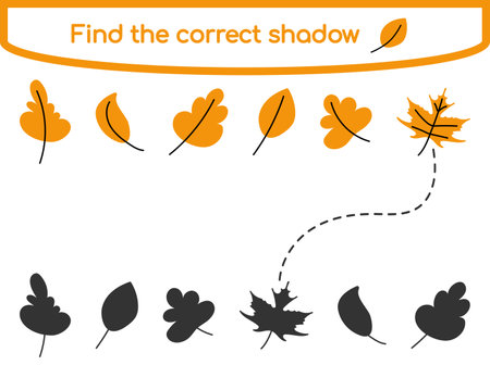 Find the correct shadow. Kids educational game. Cute simple autumn leaves in different shapes. Vector illustration in flat cartoon style for childrens books and magazinesのイラスト素材