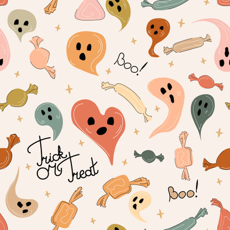 Halloween boho seamless pattern vector illustration. Ghosts and candies in different shapes, colors and sizes with lettering phrases. Muted neutral colors flat doodle styleのイラスト素材