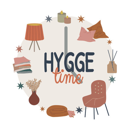 Hygge time vector illustration isolated on white background. Stylized wall clock with home decor and leasure time elements. Cute card in neutral scandinavian paletteのイラスト素材