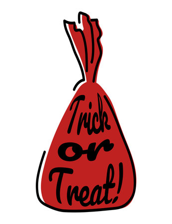 Trick or treat candy Halloween celebration card. Red silhouette of chocolate candy with traditional text isolated on white background. Vector illustration in flat cartoon styleのイラスト素材