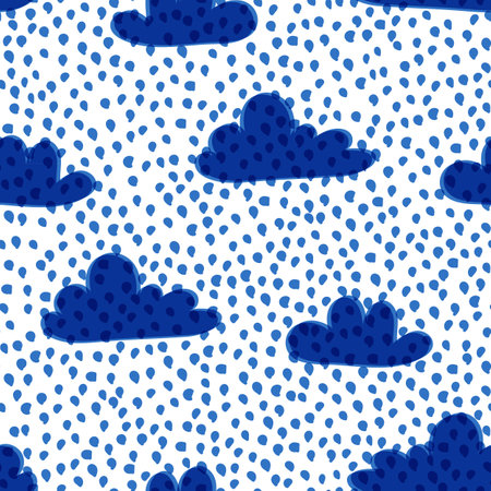 Clouds and raindrops seamless pattern vector illustration isolated on white background. Blue color hand drawn doodle style flat design for wrapping paper, textileのイラスト素材