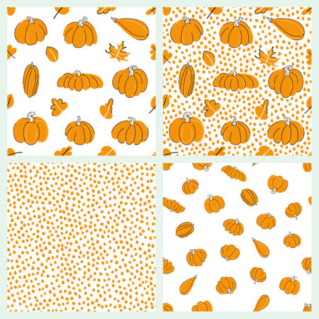 Pumpkins seamless pattern set vector illustration. Different shapes and sizes, with falling leaves and hand drawn dots. White background. Flat doodle style designのイラスト素材