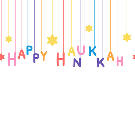 Happy Hanukkah celebration childish card Colorful letters with David stars isolated on white background Seamless border Vector illustration in flat cartoon style for poster, greeting card, app, webのイラスト素材