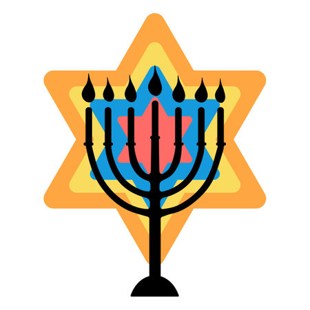 Happy Hunukkah icon Menorah and David star isolated on white background Black menora silhouette on bright colorful star Vector illustration in flat style for apps, web, greeting cards, postersのイラスト素材
