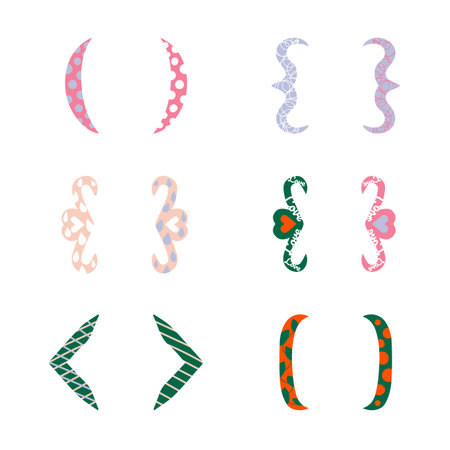 6 Colorful curly braces isolated on white background 4 Basic and 2 with hearts Round, triangular and square modern bold brackets Trendy lines with hand drawn decoration Vector illustration Flat styleのイラスト素材