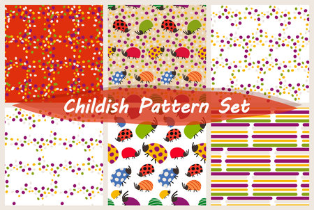 Six childish seamless patterns with cute hand drawn colorful bugs with funny dots Simple flat cartoon style Vector illustration for wrapping paper, textile, fabric, packaging, nursery decorationのイラスト素材