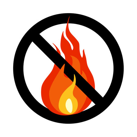 No open flame sign. No fire icon with bright fire flame crossed out in black circle. Vector illustration in flat style isolated on white backgroundのイラスト素材