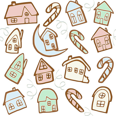 Gingerbread house seamless pattern Pink, blue and green cookies with candy cane on white background with curl tinsel Flat cartoon style vector illustrationのイラスト素材