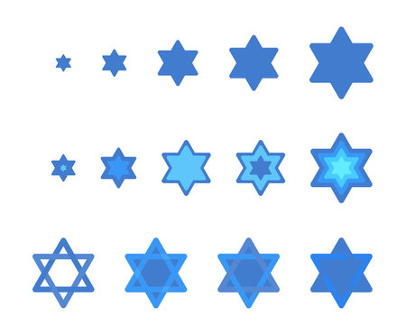 Star of David set vector illustration. 14 blue elements in different forms and size isolated on white background Flat styleのイラスト素材