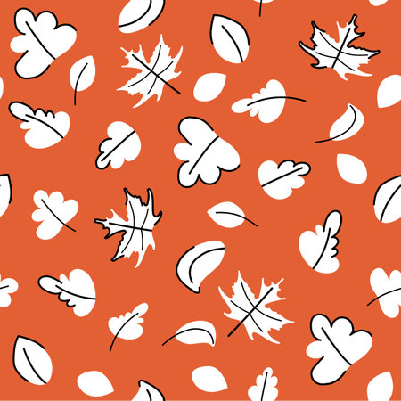 Autumn leaves seamless pattern childish vector illustration. White falling leaves in different shapes with black outline on red background. Doodle flat simple designのイラスト素材