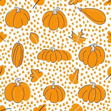 Pumpkins seamless pattern vector illustration. Hand drawn elements with falling leaves and funny dots. Childish flat doodle styleのイラスト素材