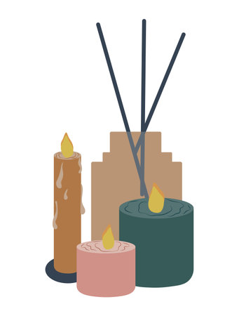 Lighted candles and aroma diffuser vector illustration. Neutral scandinavian palette. Flat cartoon style. Cute hygge home decoration. Simple elements for aroma therapyのイラスト素材