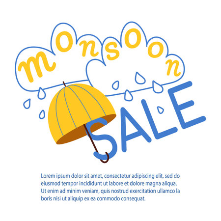 Monsoon sale background vector illustration. Cute yellow umbrella, blue outline clouds and raindrops. Poster for Monsoon season isolated on white backgroundのイラスト素材