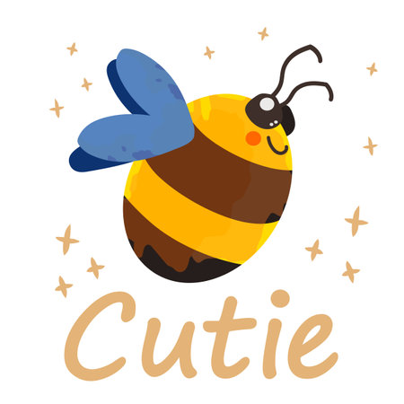 Bumblebee cutie card vector illustration isolated on white background. Cute smiling bee with text and stars. Flat cartoon style with watercolor texture. Childish insectのイラスト素材