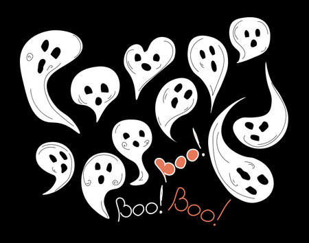 Halloween ghosts set vector illustration. Hand drawn white ghosts in different shapes and sizes with lettering Boo isolated on black background Flat styleのイラスト素材