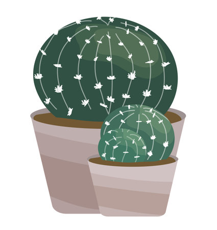Cacti in pots vector illustration isolated on white background Abstract green houseplants, big and little, in neutral color palette Flat cartoon styleのイラスト素材