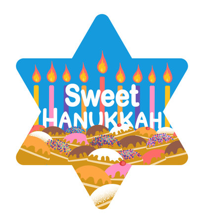 Sweet Hanukkah celebration card vector illustration isolated on white background Candles, sufganiyah and text in David star shape Flat cartoon styleのイラスト素材