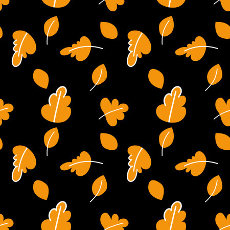 Autumn oak leaves seamless pattern vector illustration. Falling orange leaves with white outline on black background. Childish doodle flat simple designのイラスト素材