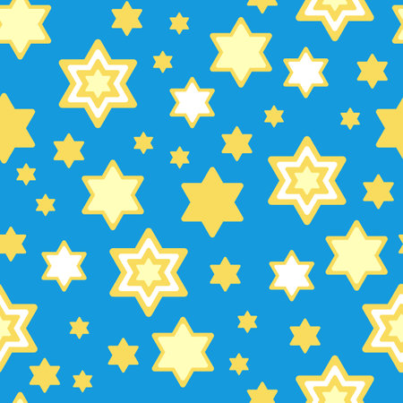 Star of David seamless pattern vector illustration in bright yellow and blue colours for Hanukkah holiday wrapping paper, textile, fabric and packaging decorationのイラスト素材