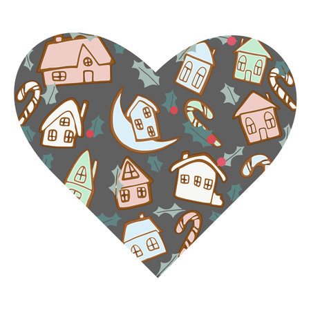 Gingerbread house heart shape card vector illustration. Pink, blue, green and white cookies with candy cane and holly on grey background. Flat cartoon style vector illustrationのイラスト素材
