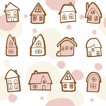 Gingerbread house seamless pattern on fantasy abstract background with pink ovals and circles. Hand drawn christmas cookies with white and pink icing. Flat cartoon style vector illustrationのイラスト素材