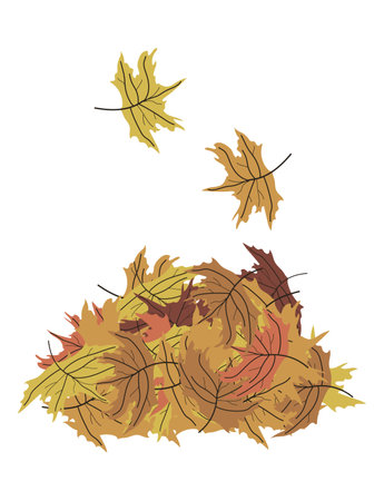 Pile of maple leaves vector illustration isolated on white background. Fallen leaves of muted yellow, red and brown colors. Simple flat styleのイラスト素材
