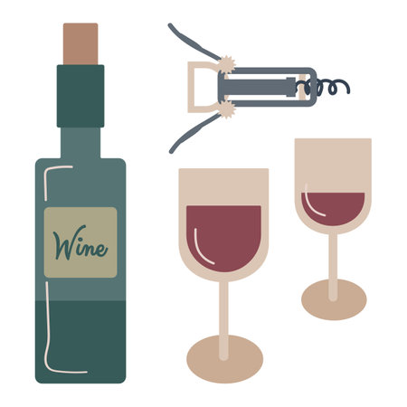 Red wine set vector illustration with bottle, glasses and corkscrew isolated on white background. Simple flat style elements in neutral scandinavian colorsのイラスト素材
