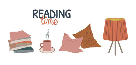 Reading time cozy elements vector illustration isolated on white background. Hygge concept set in warm scandinavian palette. Hand drawn flat styleのイラスト素材