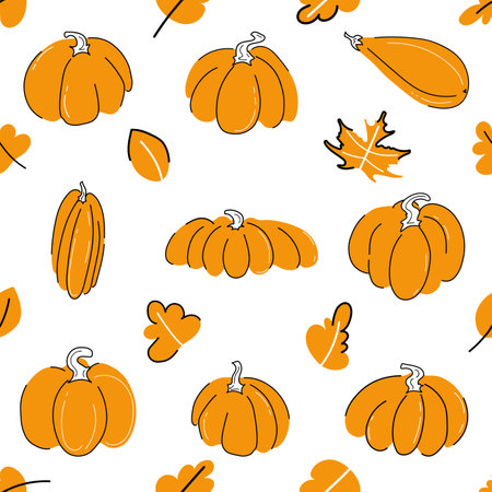 Pumpkins seamless pattern vector illustration. Hand drawn elements with falling leaves with black and white outli. Childish flat doodle styleのイラスト素材