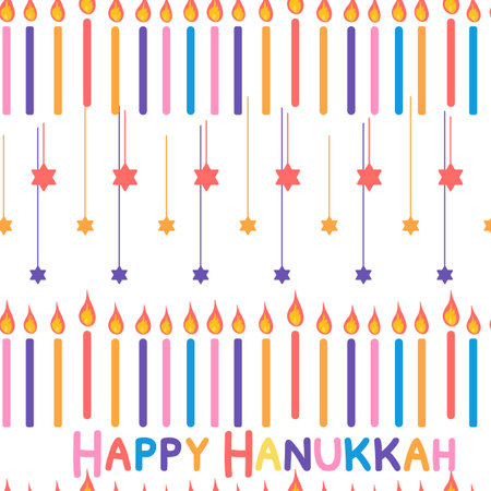 Happy Hanukkah seamless pattern with Star of David and candles and text Celebration design in bright colours on white background Vector illustrationのイラスト素材