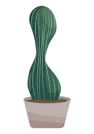 Cactus in pot vector illustration. Dark green houseplant with light thorns. Flat cartoon style clip art element isolated on white backgroundのイラスト素材