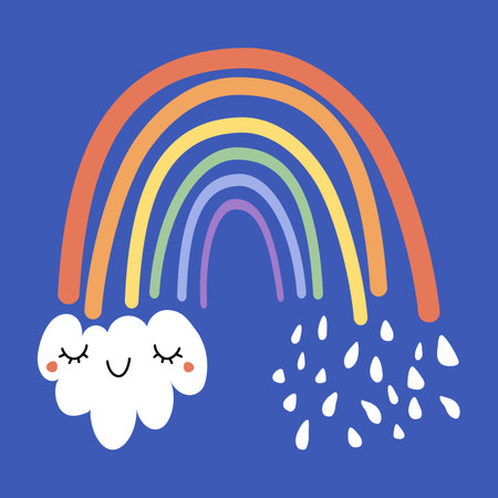 Rainbow with cloud and raindrops vector illustration isolated on blue background. Hand drawn childish card with cute funny weather elements. Flat cartoon styleのイラスト素材