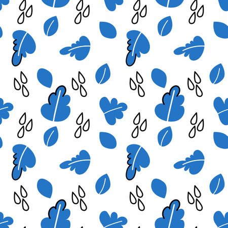 Blue oak leaves and outline raindrops seamless pattern vector illustration. Childish doodle flat simple design for wrapping paper, nursery decorationのイラスト素材