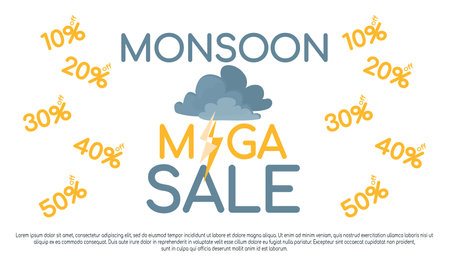Monsoon mega sale background vector illustration. Text with cute clouds with lightning and various discounts. Poster for Monsoon season. Flat cartoon style template isolated on white backgroundのイラスト素材