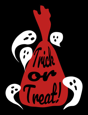 Trick or treat candy Halloween celebration card. Red silhouette of chocolate candy with traditional text and white ghousts on black background. Vector illustration in flat cartoon styleのイラスト素材