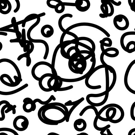 Scribble black hand drawn curve lines isolated on white background seamless pattern vector illustration Modern trendy simple childish designのイラスト素材