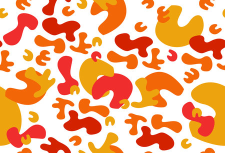 Seamless pattern with abstract irregular shapes in warm vibrant orange and red colors on white background. Bright childish design. Vector illustrationのイラスト素材