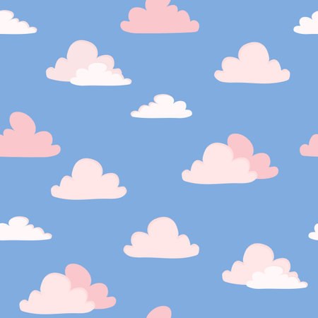 Pink clouds on blue sky seamless pattern vector illustration Childish background in pastel colors Flat cartoon style design for wrapping paper, textile, fabric, packagingのイラスト素材