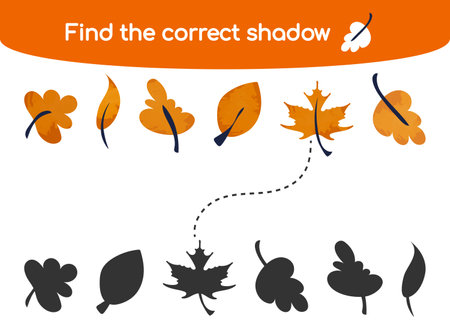 Find the correct shadow. Kids educational game. Cute autumn leaves with watercolor texture. Vector illustration in flat cartoon style for childrens books and magazinesのイラスト素材