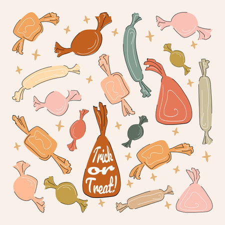 Halloween candies boho set vector illustration isolated on background. Different shapes and sizes. Muted colors with black and white outline flat doodle style designのイラスト素材