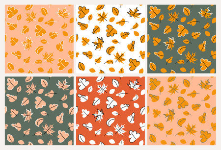 Autumn leaves seamless pattern set vector illustration. Falling leaves in different colors with black and white outline collection. Doodle flat simple designのイラスト素材