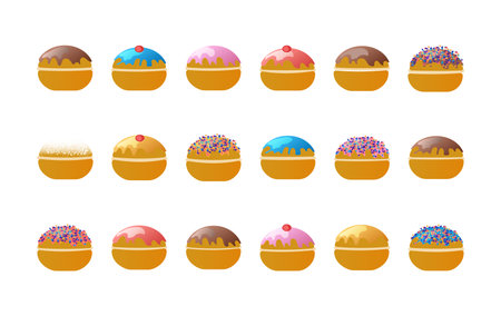 Hanukkah sufganiyah set vector illustration isolated on white background Doughnuts with different glazes Vector illustration in flat cartoon styleのイラスト素材