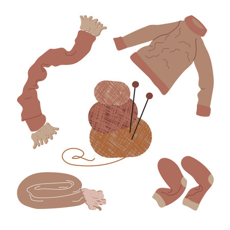 Cozy knitted clothes set vector illustration isolated on white background. Warm brown elements with soft folds Han drawn hygge symbols in neutral colors. Flat cartoon styleのイラスト素材