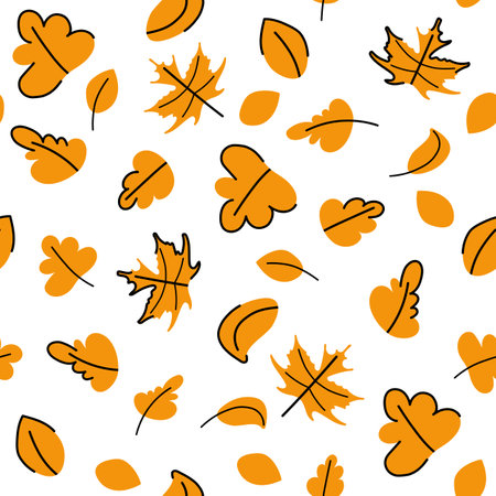 Autumn leaves seamless pattern childish vector illustration. Orange falling leaves in different shapes with black outline on white background. Doodle flat simple designのイラスト素材