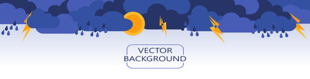 Abstract background with rain clouds, raindrops, thunderbolts and sun. Monsoon season banner . Rainy weather backdrop. Flat style web template vector illustrationのイラスト素材