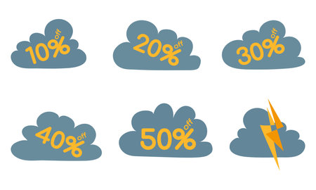 Monsoon sale background vector illustration. Cute clouds with lightning and raindrops. Poster for Monsoon season. Flat cartoon style template isolated on white backgroundのイラスト素材